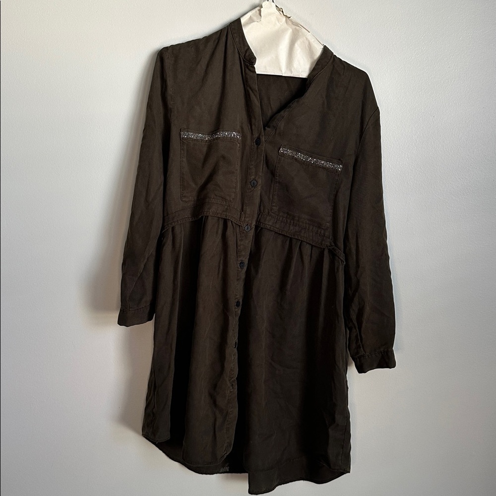 Zara Dark Olive / Military Green Long Sleeve Dress w Embellishments